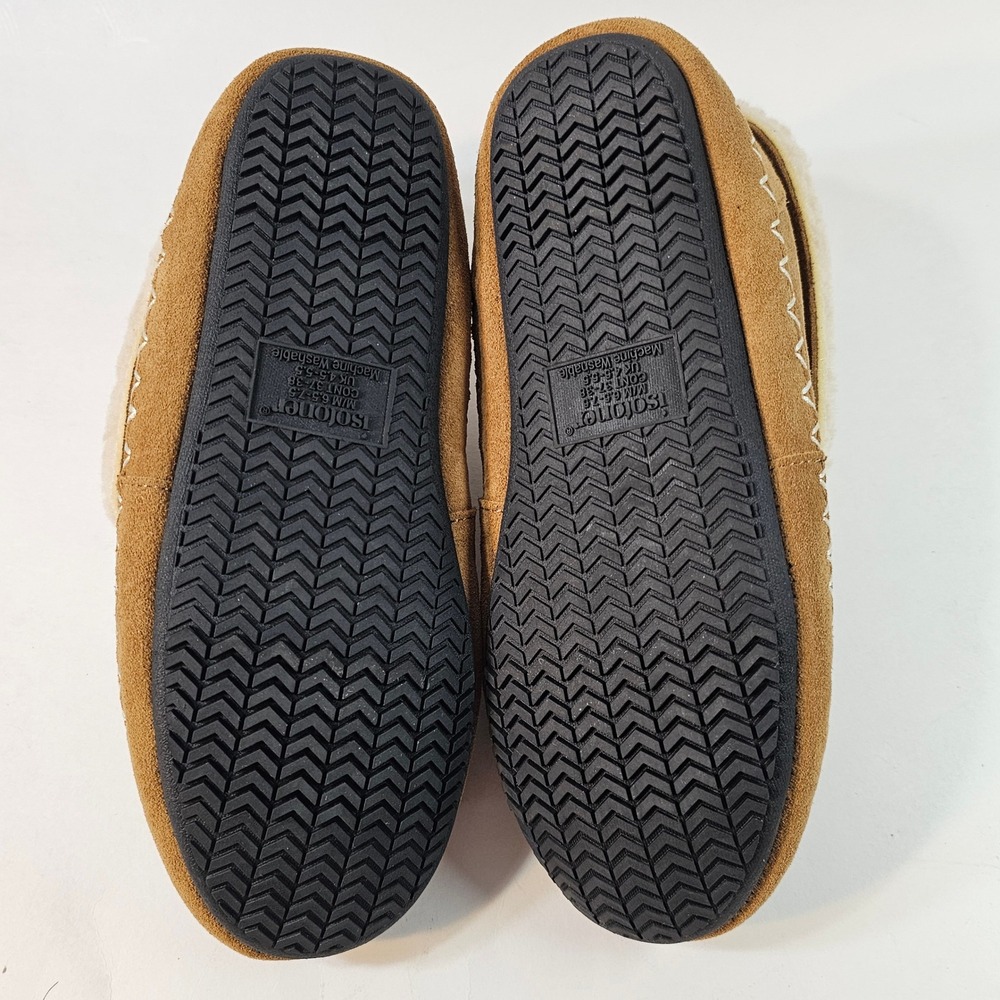 Isotoner Womens Tan Suede Moccasin Boot Slippers Fleece Lined Fold Cuff - Picture 5 of 9